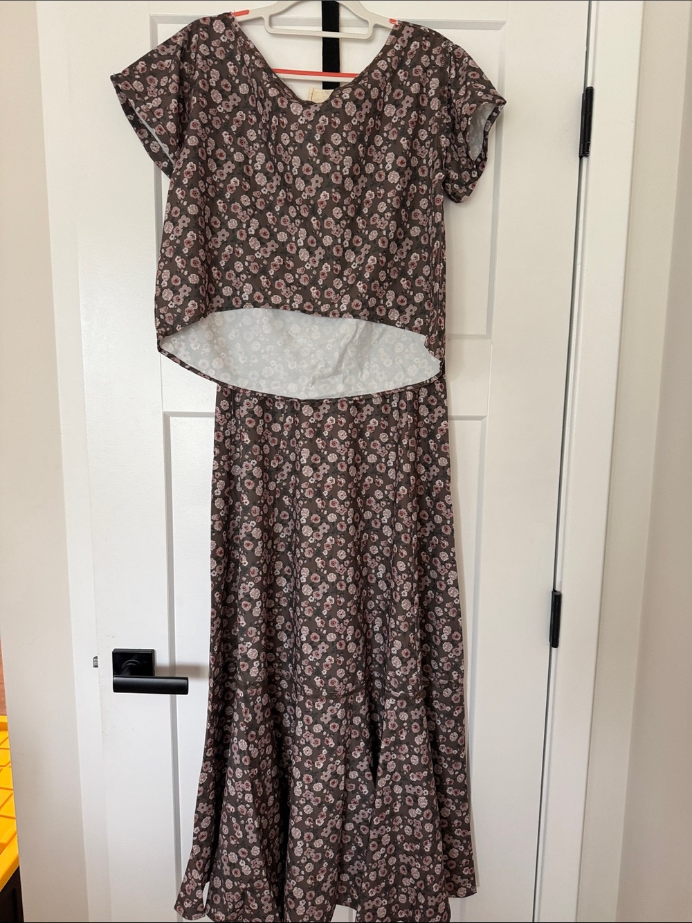 Joyfolie Brown Floral Maxi Skirt Set with Pink Blossoms